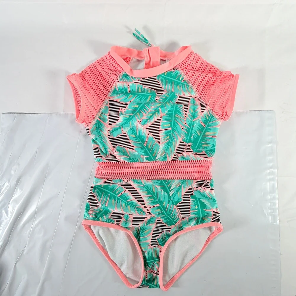 Girls Palm‎ Leaf One Piece Rash Guard Swimsuit Pink Mesh Green